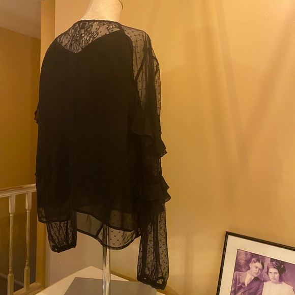 🐈⬛ GUESS black Sheer Ruffle Blouse puffed sleeve pirate Renaissance maiden - Picture 7 of 9